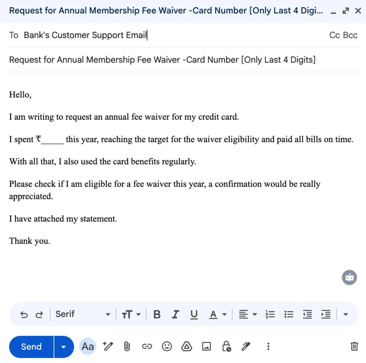 Credit-card-annual-fee-waiver-email-template-india