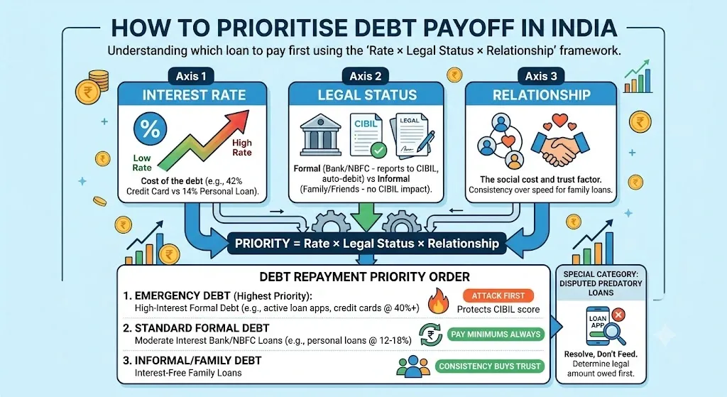 How to prioritise debt payoff in India: interest rate, legal status and relationship deciding which loan to pay first.